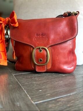 Coach Leather Crossbody Saddle Bag in Deep Brown-Red with Brass Buckle